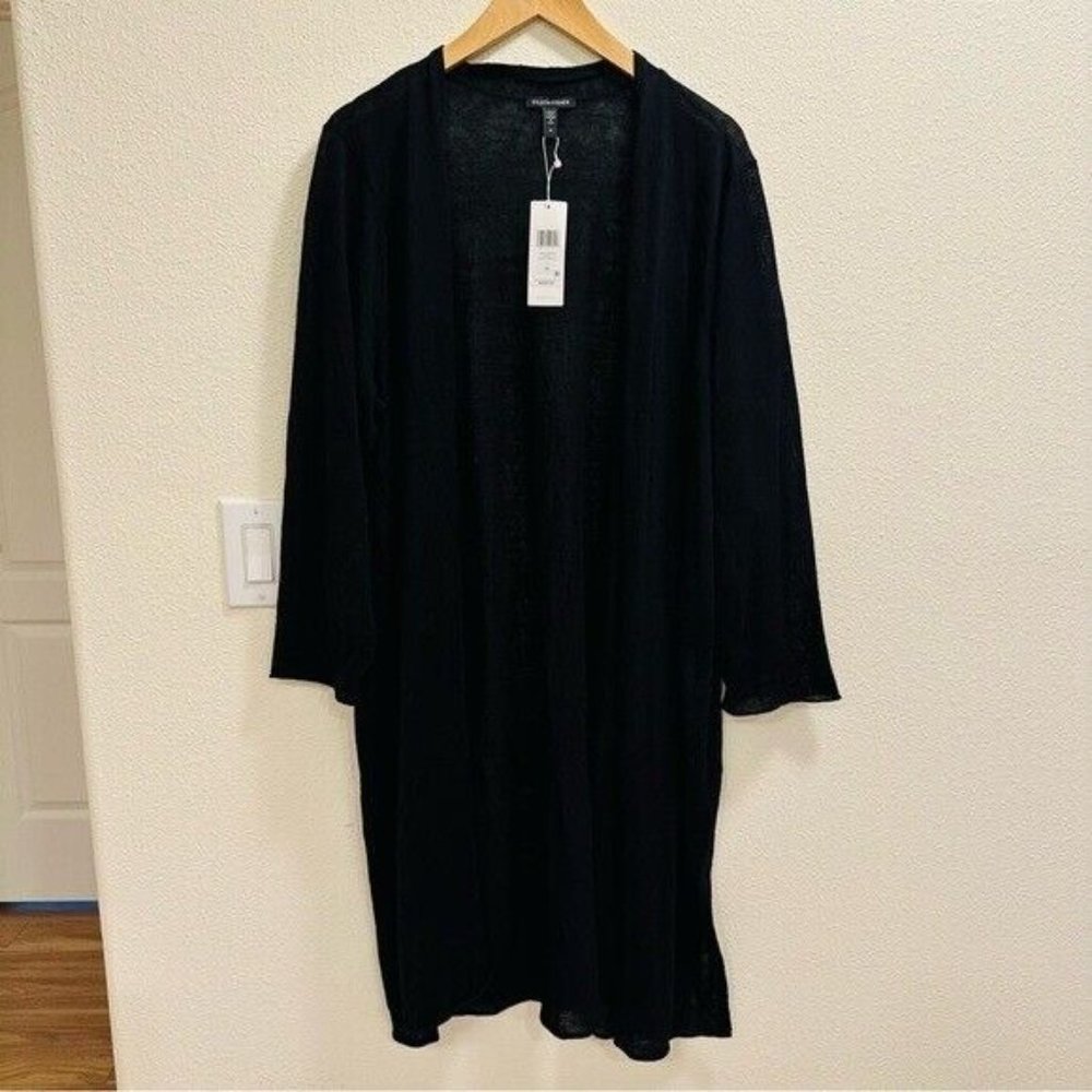 Eileen Fisher Organic Linen Cotton Jersey Long Cardigan Black Women’s Size 2X - Picture 3 of 10